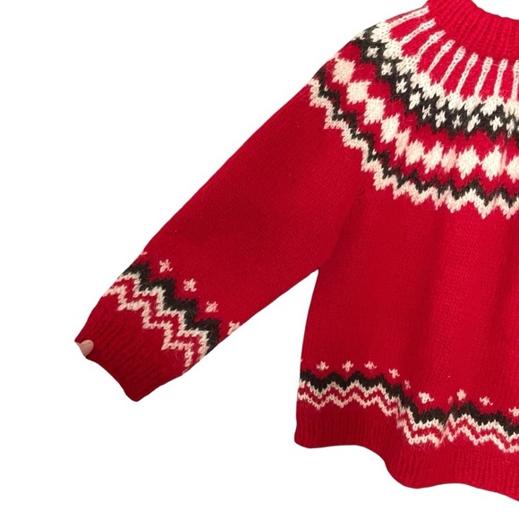 HAND KNIT Wool Fair Isle Nordic Chunky Knit Sweater Red Cream Black L - Picture 5 of 7